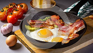 A plate of bacon, eggs, and tomatoes is on a wooden table