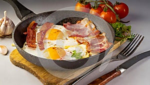 A plate of bacon, eggs, and tomatoes is on a wooden table