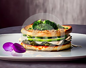 A plate with a bagel and a flower on it. Sandwich