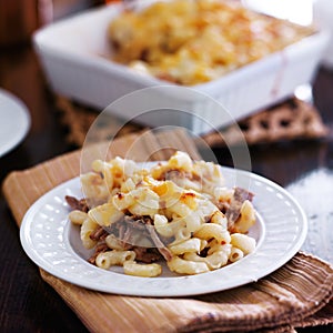 Plate of baked macaroni and cheese casserole