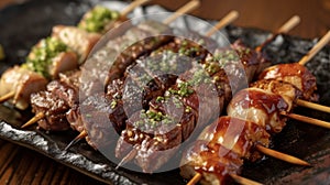 A plate of beautifullypresented yakitori skewers each one bursting with bold flavors from being cooked over an open