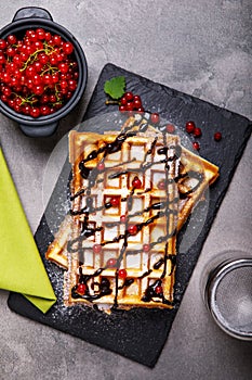 Plate of belgian waffles with chocolate sauce and currant fruit