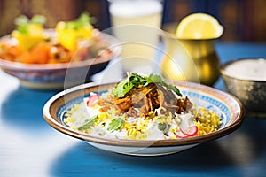 plate of biryani with raita on the side
