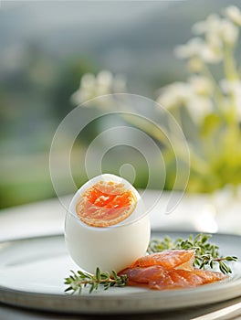 Plate with boiled egg, raw smoked salmon, and thyme. Summer breakfast outside at nature. Generative AI