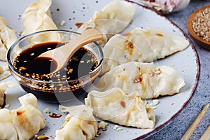 A plate of boiled jiaozi with dipping sauce