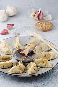 A plate of boiled jiaozi with dipping sauce