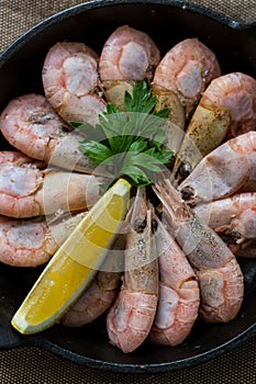 Plate of boiled prawns on dark table, top view. Close up