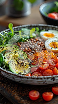 A plate of a bowl filled with vegetables and eggs, AI