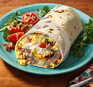 Plate of Breakfast Burrito Wrapped with Scrambled Egg and Bacon. Generative Ai. Ai