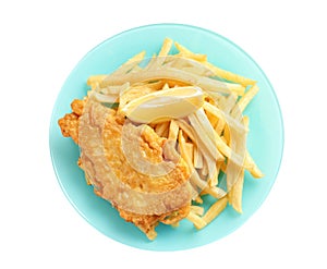 Plate with British Traditional Fish and potato chips on white background