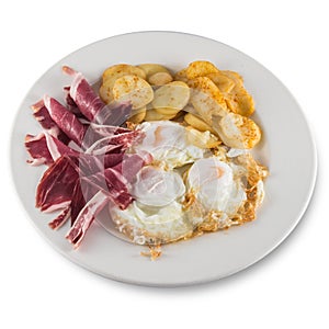 Plate of broken eggs with ham and potatoes.