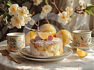 A plate with a cake cups. Table With Powdered Sugar Covered Cake for Celebration and Dessert