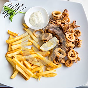 Plate of calamares and french fries with mayonnaise photo