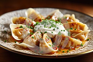 A plate capturing a close-up of varenyky, a traditional Ukrainian dish. A taste of Ukraine\'s cultural culinary heritage.