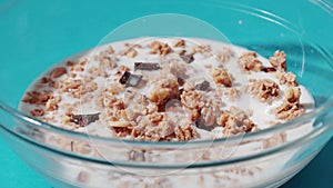 Plate with cereals fills with milk