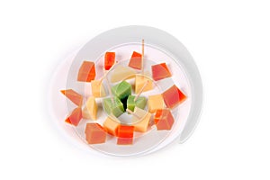 Plate of cheese and tooth sticks.