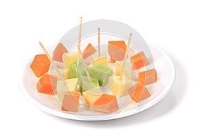 Plate of cheese and tooth sticks.