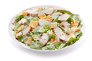 Plate of chicken caesar salad on white background