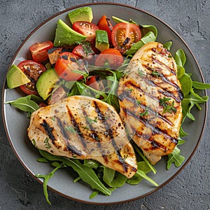 Plate of Chicken, Tomatoes, Avocado, and Cucumber