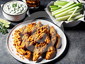 A plate of chicken wings with dipping sauce and celery sticks on the side.