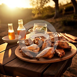 A plate of chicken wings on a picnic table. AI generative image