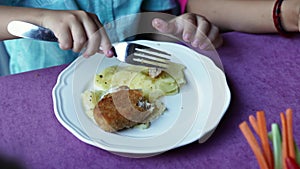 plate. the child eats mashed potatoes and cutlets.