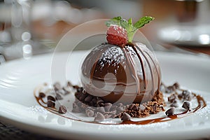 Plate with chocolate cake, soy ice cream, and a strawberry on top