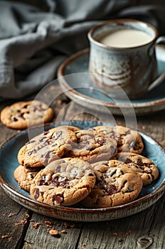 Plate of Chocolate Chip Cookies and Coffee Cup