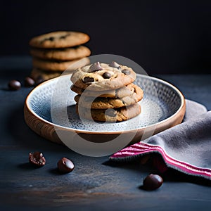 Plate of chocolate chip cookies, dark and moody