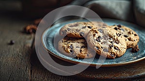 Plate of Chocolate Chip Cookies on Wooden Table