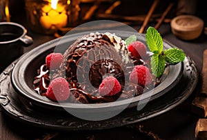 a plate of chocolate ice cream with raspberries