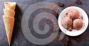 Plate of chocolate ice cream scoops