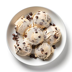 Plate of chocolate ice cream on white background.