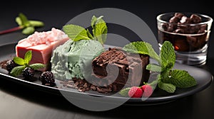 a plate of chocolate and mint ice cream with a glass of water. generative ai