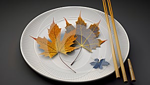 Plate chopsticks maple leaves asian background chinese chopstick clean leaf autumn closeup cook cooking culture dining dinner
