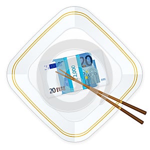 Plate chopsticks and twenty euro pack