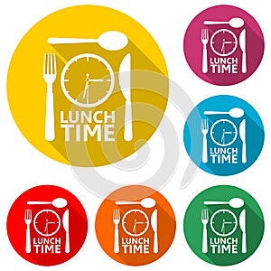Plate with clock, fork and knife icon isolated with long shadow