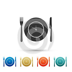 Plate with clock, fork and knife icon isolated on white background. Lunch time. Eating, nutrition regime, meal time and