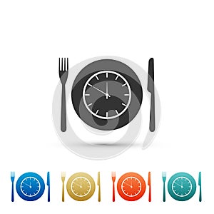 Plate with clock, fork and knife icon isolated on white background. Lunch time. Eating, nutrition regime, meal time and