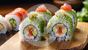 A plate of colorful maki sushi rolls with fresh salmon and cucumber