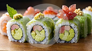 A plate of colorful maki sushi rolls with fresh salmon and cucumber