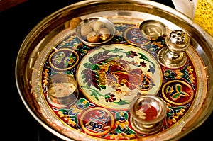 Plate containing sacred items for puja (prayers)