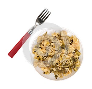 Plate of cooked cabbage with fork to the side