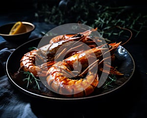 A plate of cooked crayfishes with rosemary. Half of lemon in a bowl at backdrop. Close up. Generative AI