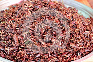 Plate of cooked insects sold in a Cambogian street market