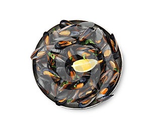 Plate with cooked mussels, parsley and lemon isolated on white, top view