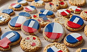 A plate of cookies with the colors of the french flag on them.