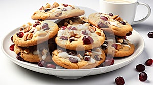 A plate of cookies and a cup of coffee, cranberry white chocolate cookies