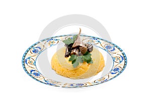 Plate With Corn Mush And Mushrooms