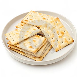 Plate of crackers with crackers isolated on white background
